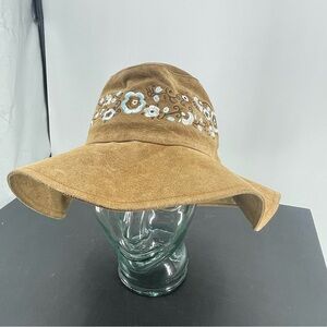 Vintage 90's Wilson's Leather Floppy Hat with Embroidered Floral Detail BOHO Tan